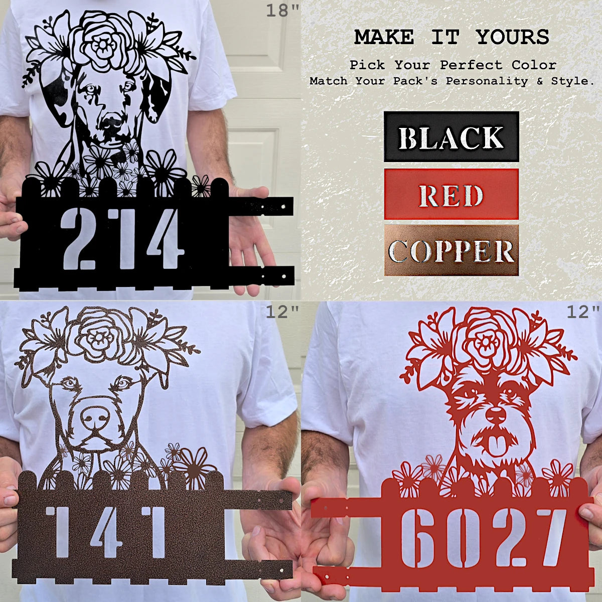 Collage of a person holding customizable metal signs with floral dog design and house numbers, with color options displayed.