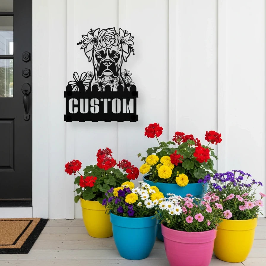 Boxer custom metal house number sign in black, flush mounted on white porch siding beside a black front door with colorful potted flowers