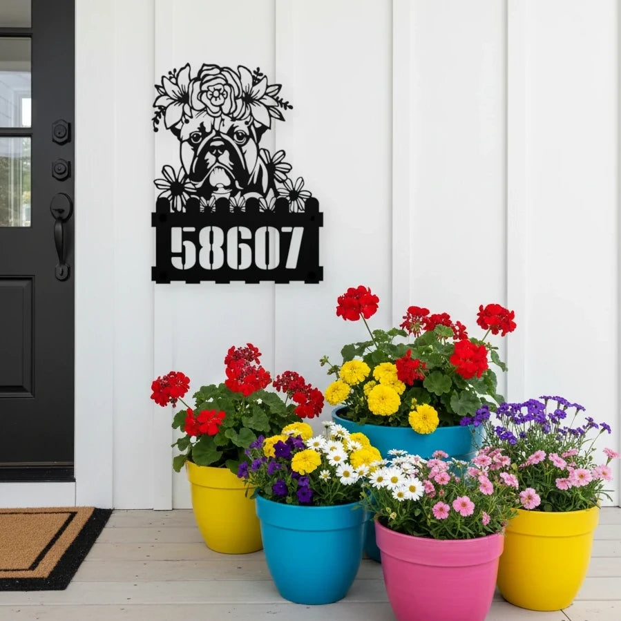 Bulldog custom metal house number sign in black, flush mounted on white porch siding beside a black front door with colorful potted flowers