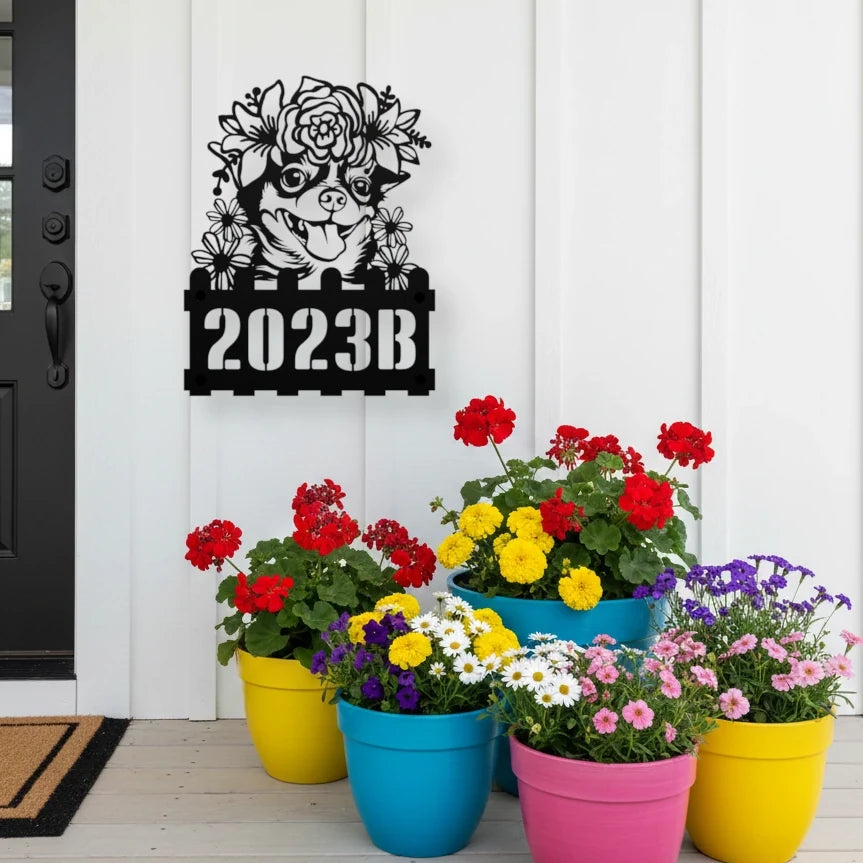 Chihuahua custom metal house number sign in black, flush mounted on white porch siding beside a black front door with colorful potted flowers