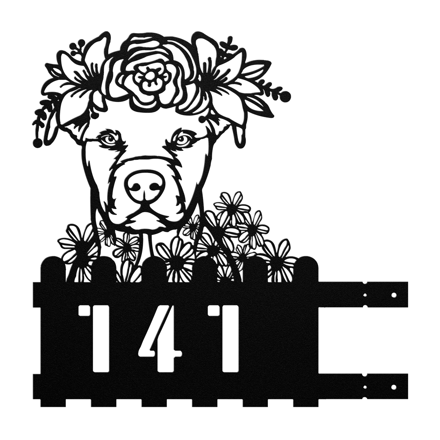 Pit Bull metal house number sign in black with floral design, left pose, by Say it with Metal