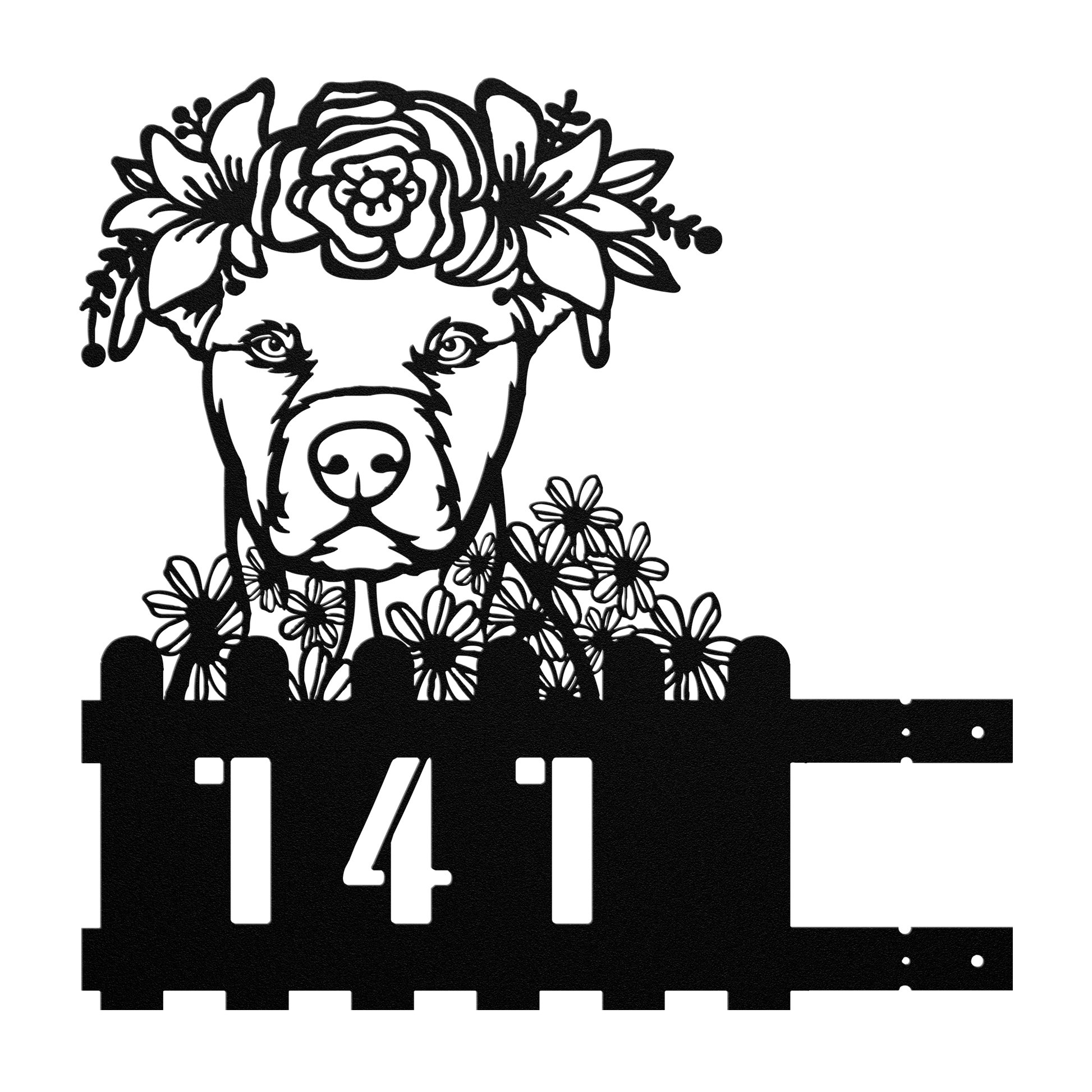 Pit Bull metal house number sign in black with floral design, left pose, by Say it with Metal