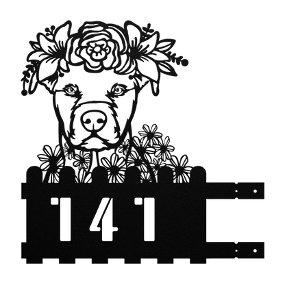Pit Bull metal house number sign in black with floral design, left pose, by Say it with Metal