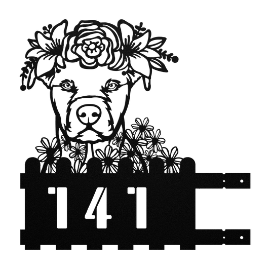 Pit Bull metal house number sign in black with floral design, left pose, by Say it with Metal
