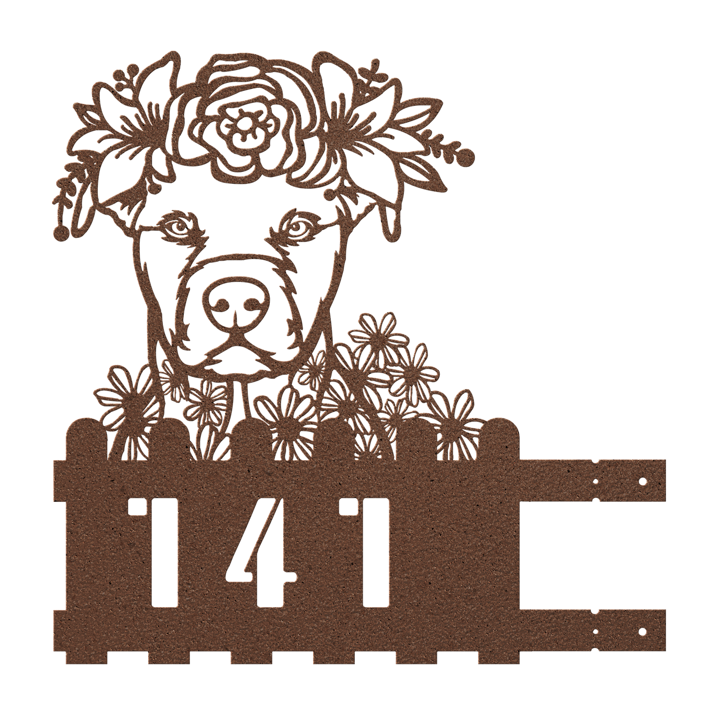 Pit Bull metal house number sign in copper with floral design, left pose, by Say it with Metal
