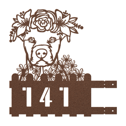 Pit Bull metal house number sign in copper with floral design, left pose, by Say it with Metal