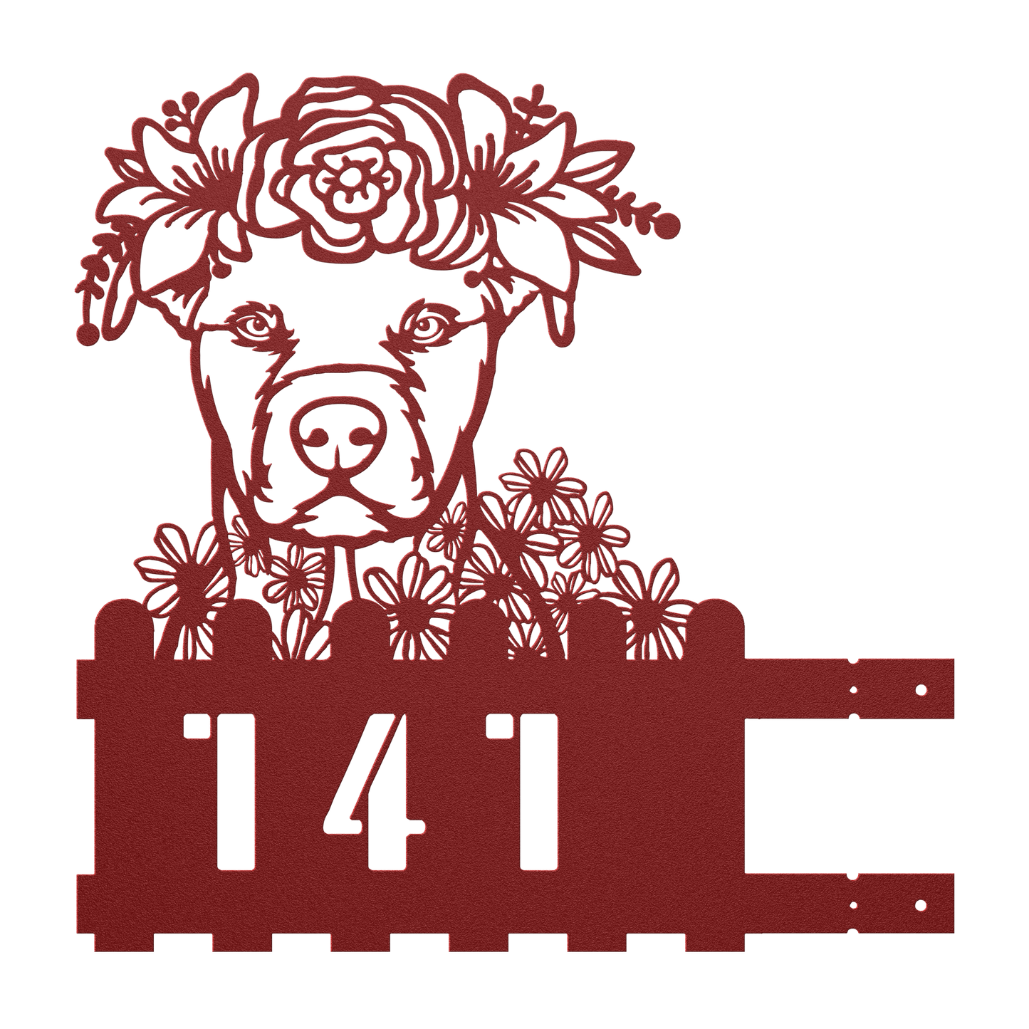 Pit Bull metal house number sign in red with floral design, left pose, by Say it with Metal