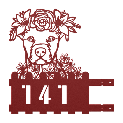 Pit Bull metal house number sign in red with floral design, left pose, by Say it with Metal