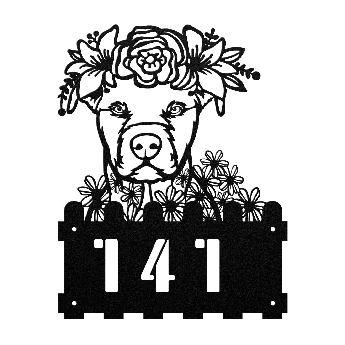Pit Bull metal house number sign in black with floral design, no tabs, by Say it with Metal
