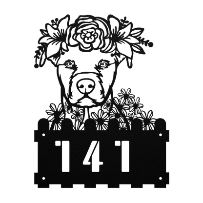 Pit Bull metal house number sign in black with floral design, no tabs, by Say it with Metal
