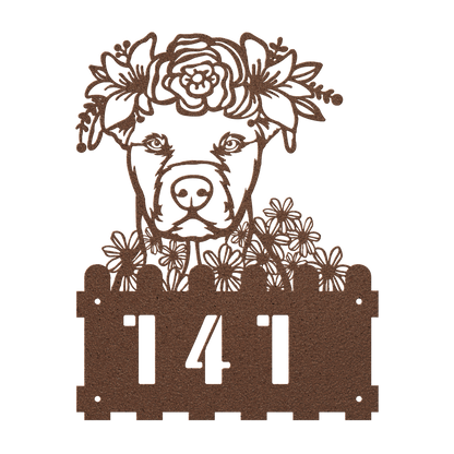 Pit Bull metal house number sign in copper with floral design, no tabs, by Say it with Metal