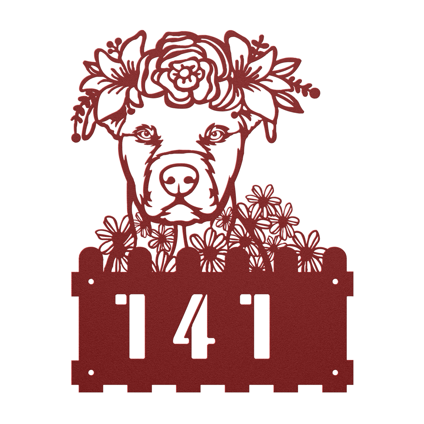 Pit Bull metal house number sign in red with floral design, flush mount, by Say it with Metal