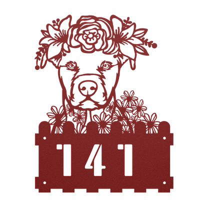 Pit Bull metal house number sign in red with floral design, flush mount, by Say it with Metal