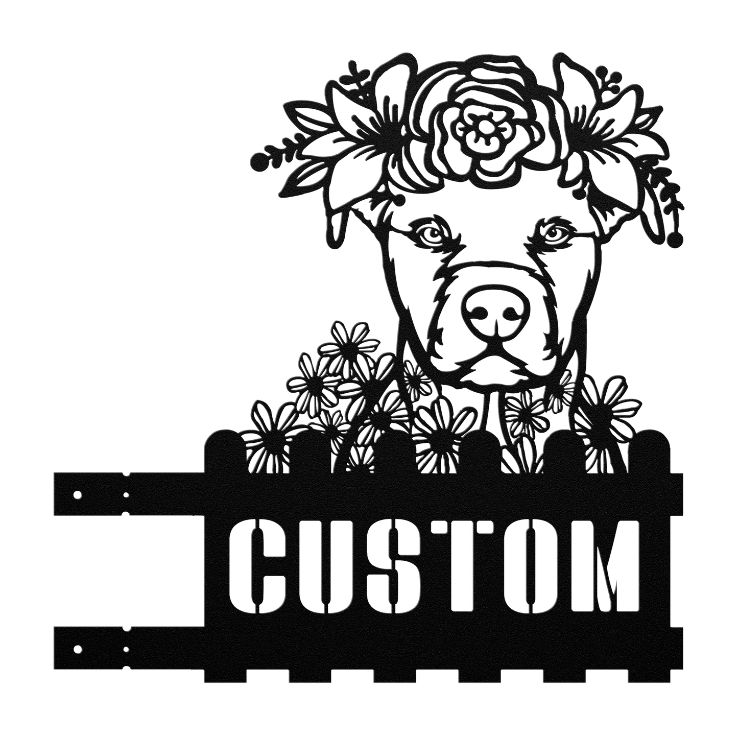 Pit Bull metal house number sign in black with floral design, right pose, by Say it with Metal