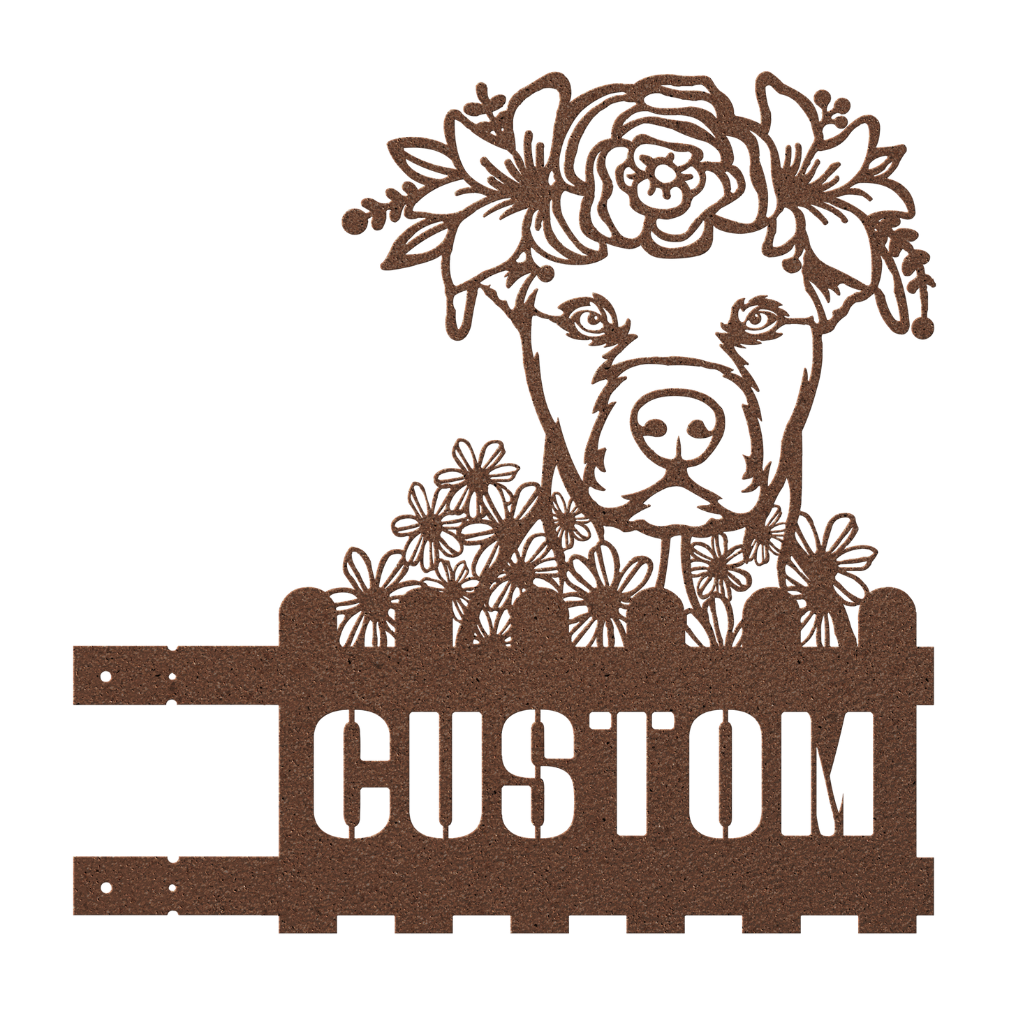Pit Bull metal house number sign in copper with floral design, right pose, by Say it with Metal