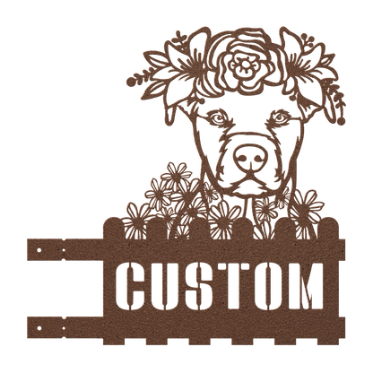 Pit Bull metal house number sign in copper with floral design, right pose, by Say it with Metal