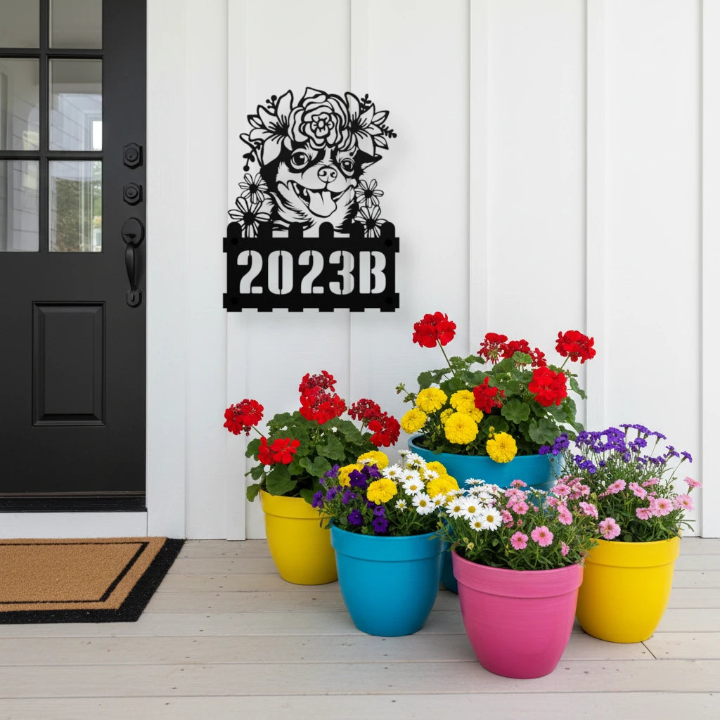 Chihuahua metal address sign on a black front door