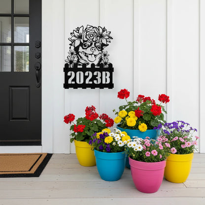 Chihuahua metal address sign on a black front door