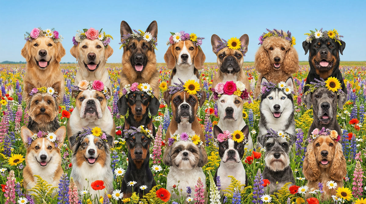 Various dog breeds wearing floral crowns in a wildflower field for the Pups with Petals collection from Say it with Metal