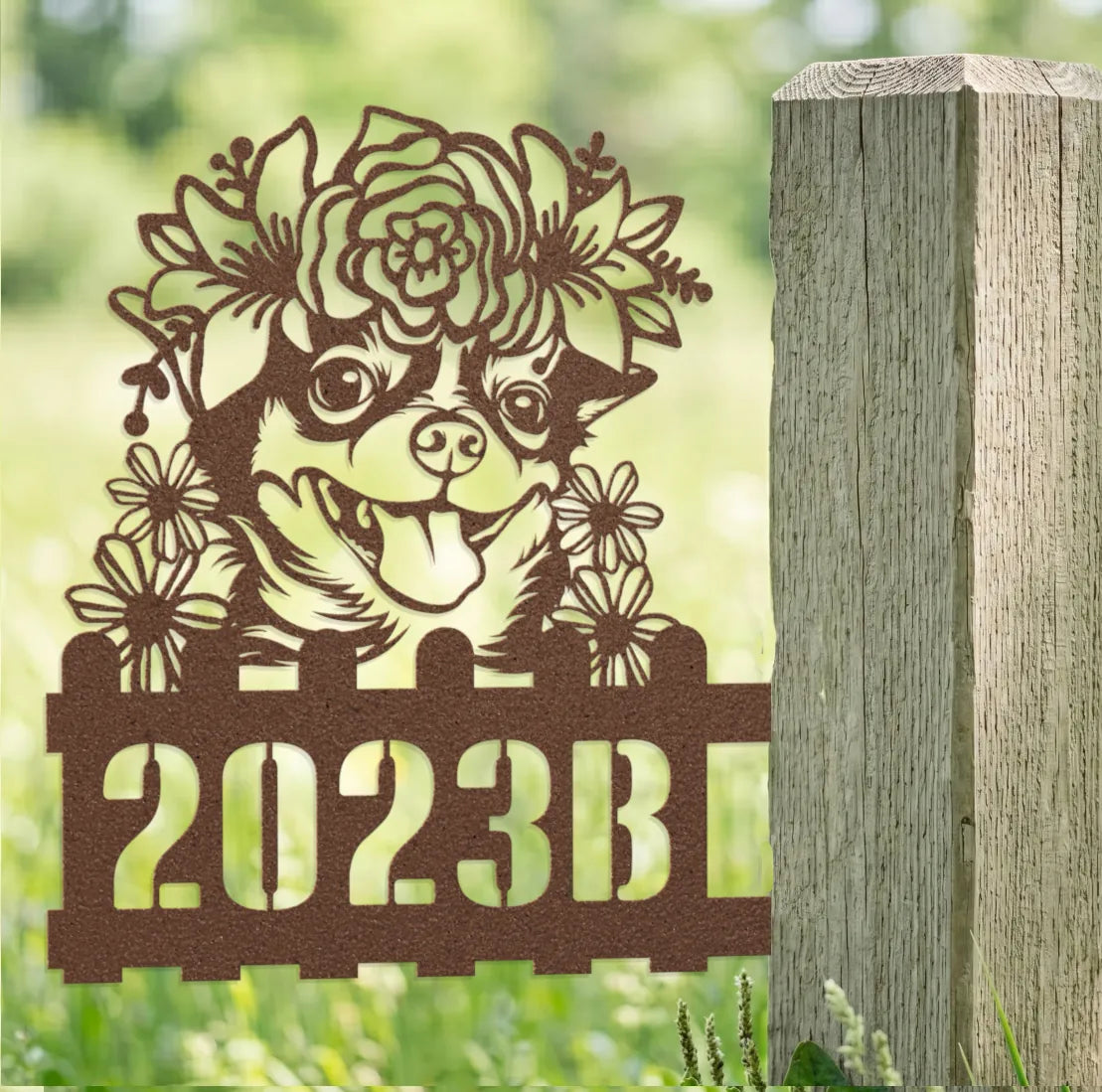 Chihuahua metal address sign on a garden post