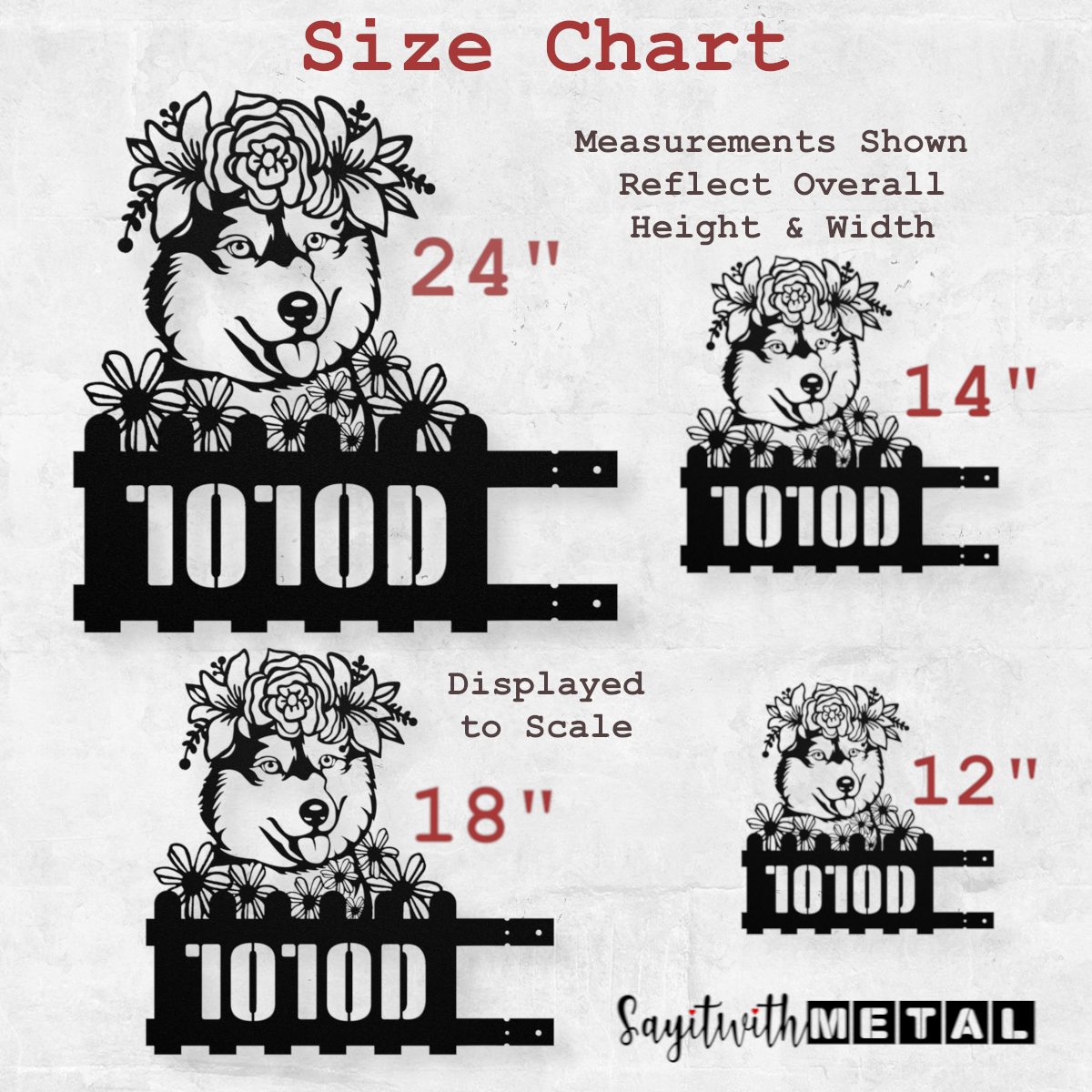 Size chart for metal house number signs with Husky floral crown and dimensions.