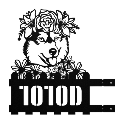 Black metal house number sign with floral headband
