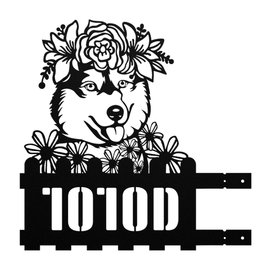 Black metal house number sign with floral headband
