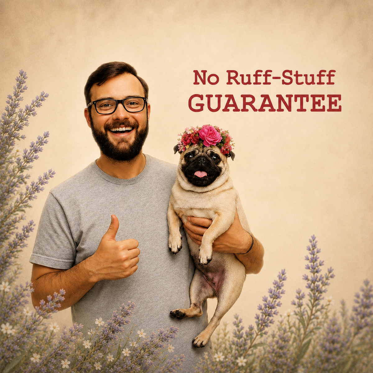 Say it with Metal No Ruff-Stuff Guarantee with a smiling man holding a pug wearing a floral crown