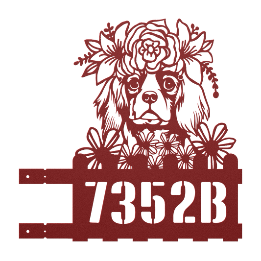 King Charles custom metal house number sign with floral crown, red, right mounting tabs