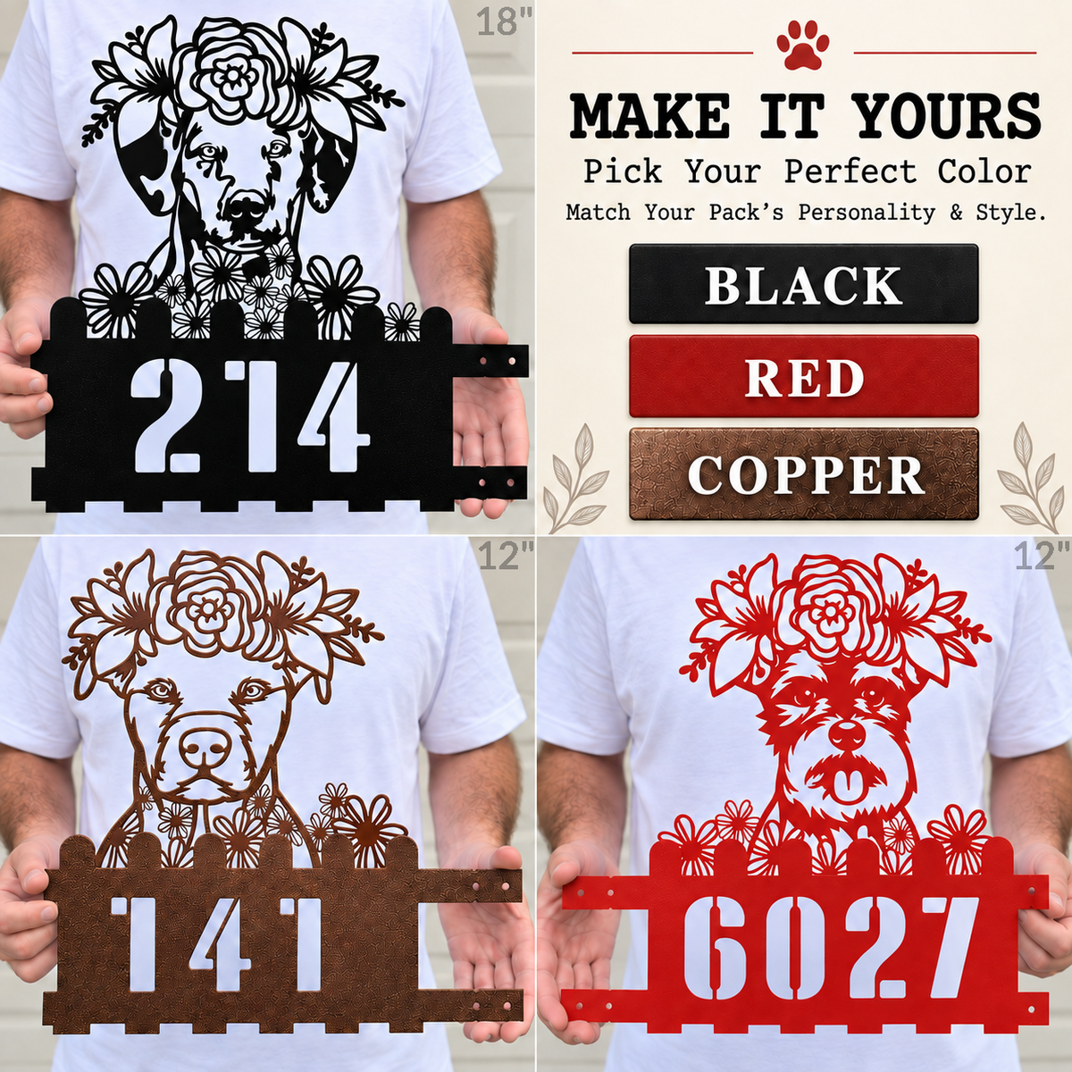 Custom metal dog house number signs shown in black, red and copper finishes