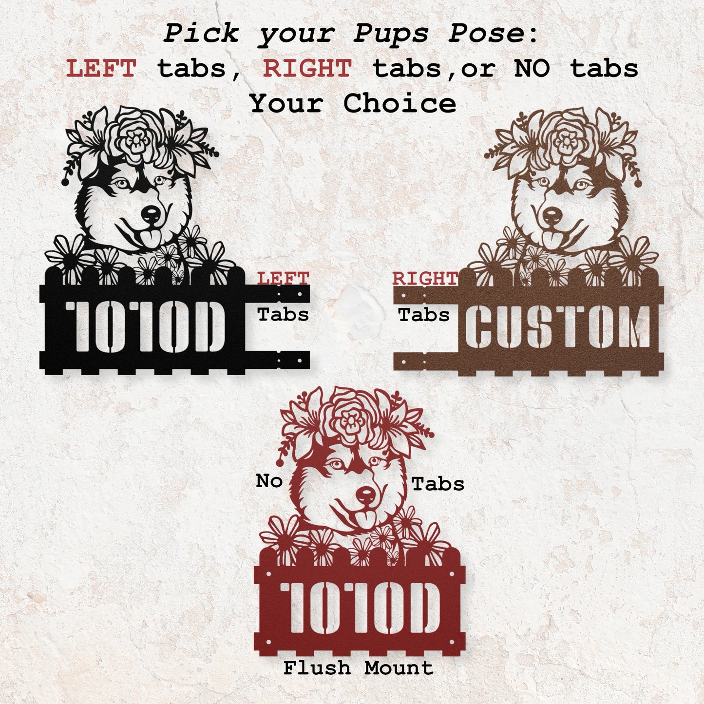 Decorative dog-themed house number product with customizable tabs on a textured background