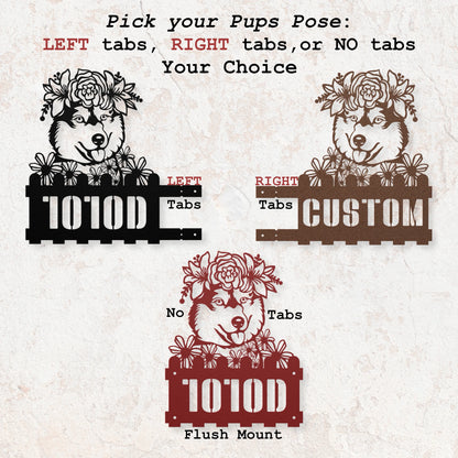 Decorative dog-themed house number product with customizable tabs on a textured background